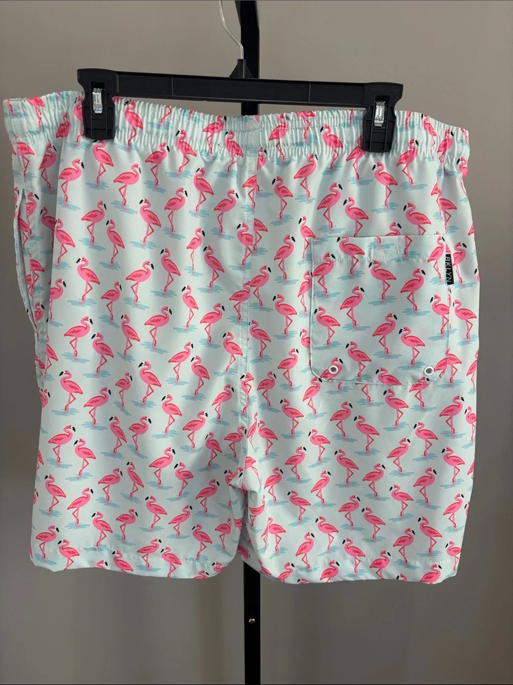 Brooklyn Cloth Light Blue Men’s Swim Trunks with Pink Flamingo Print Size XL